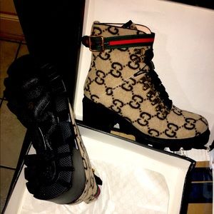 Tan Gucci print heel boots